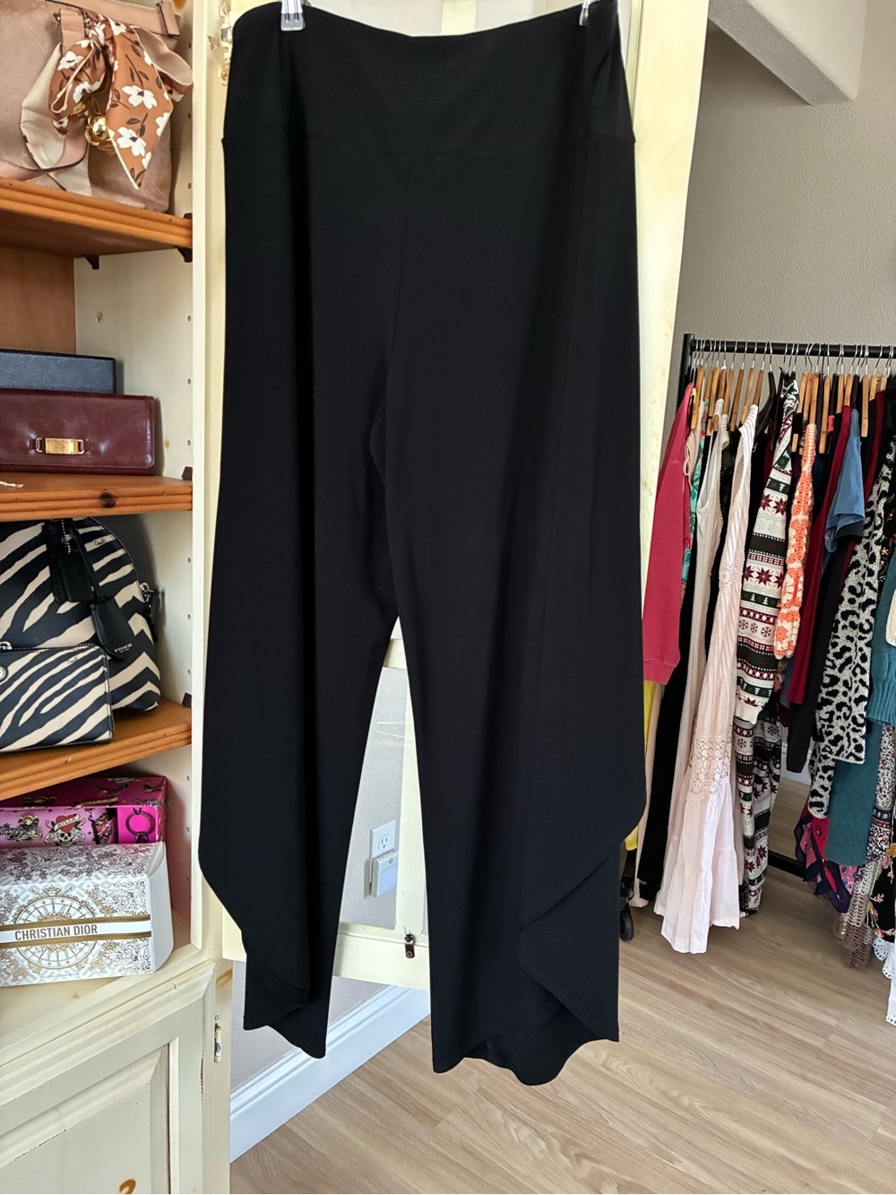 Joseph Ribkoff Black Draped Wide-Leg pants with crossover skirt in front.